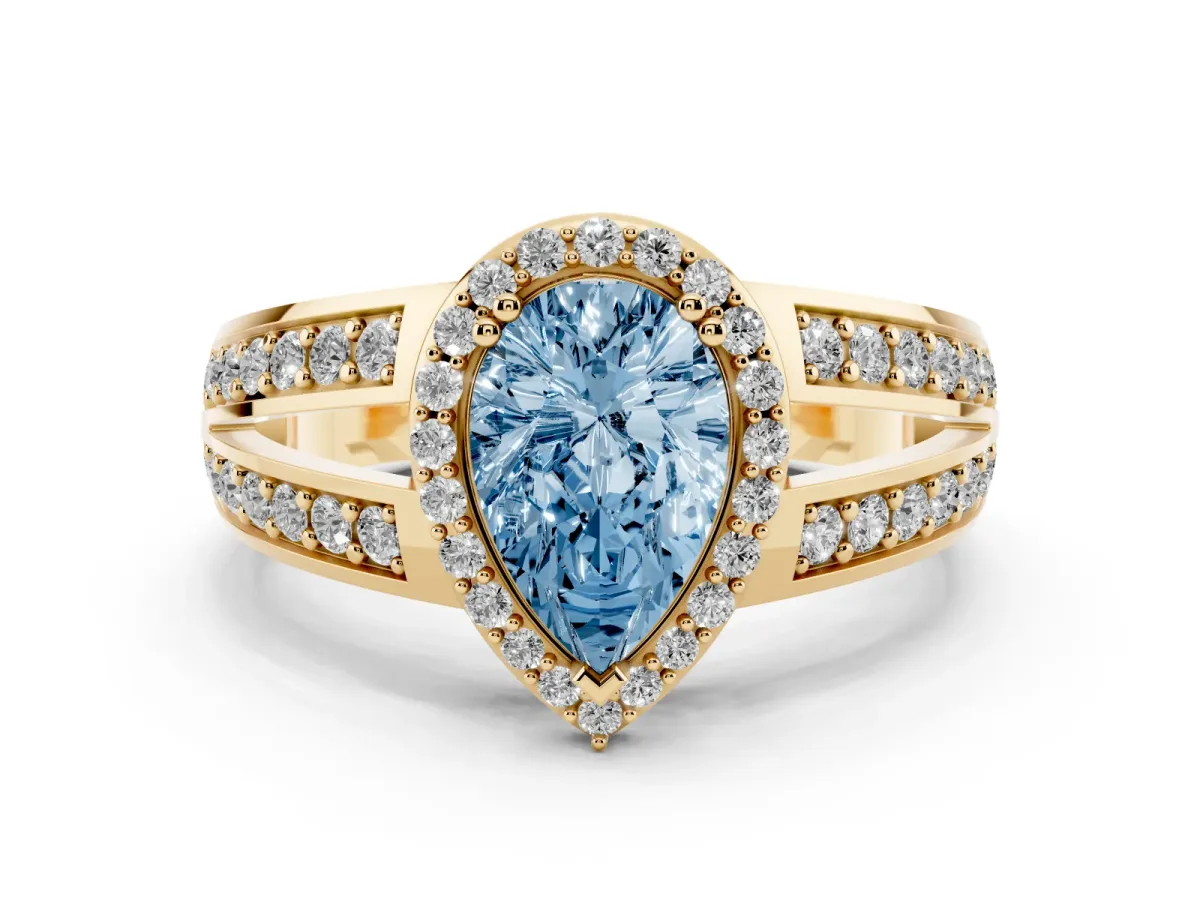 Fancy Blue Pear Cut Diamond Halo Ring with Split Shank Pavé Band and Four-Prong Setting Yellow gold