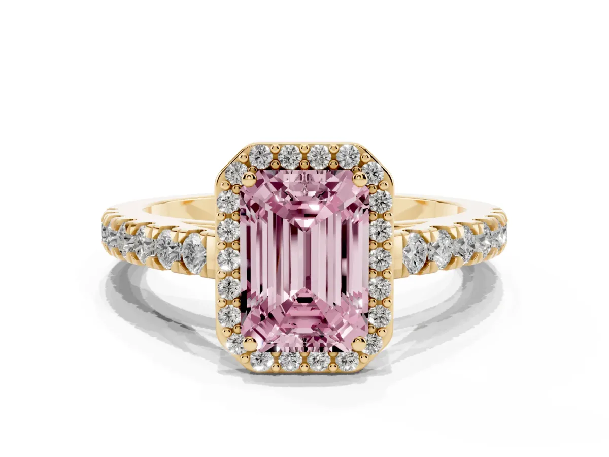 Fancy Pink Emerald Cut Cut Halo Diamond Engagement Ring with Pave Band and Four-Prong Setting Yellow gold