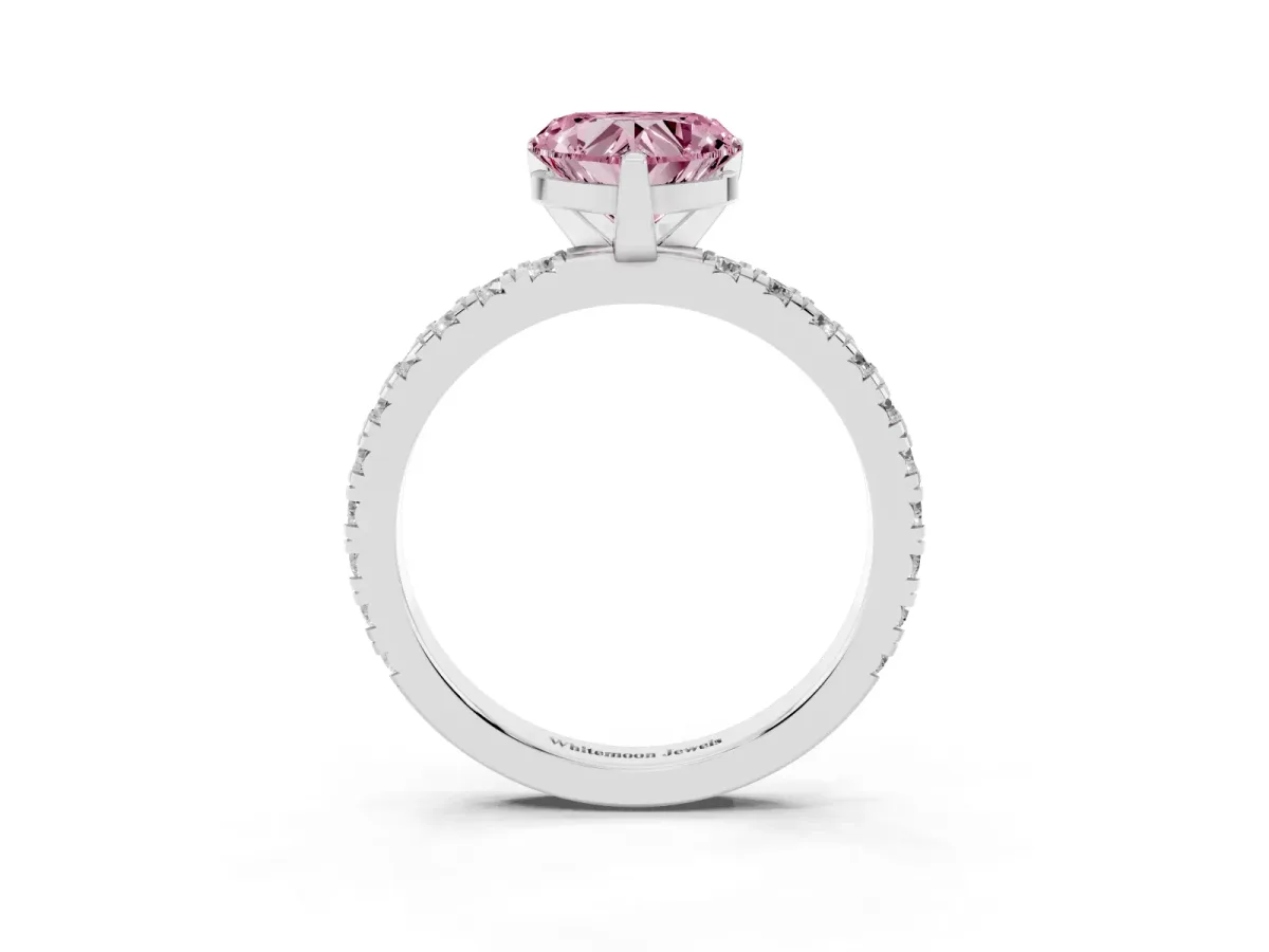 Fancy Pink Heart Cut Diamond Pavé Band Solitaire with Four-Prong Setting Silver