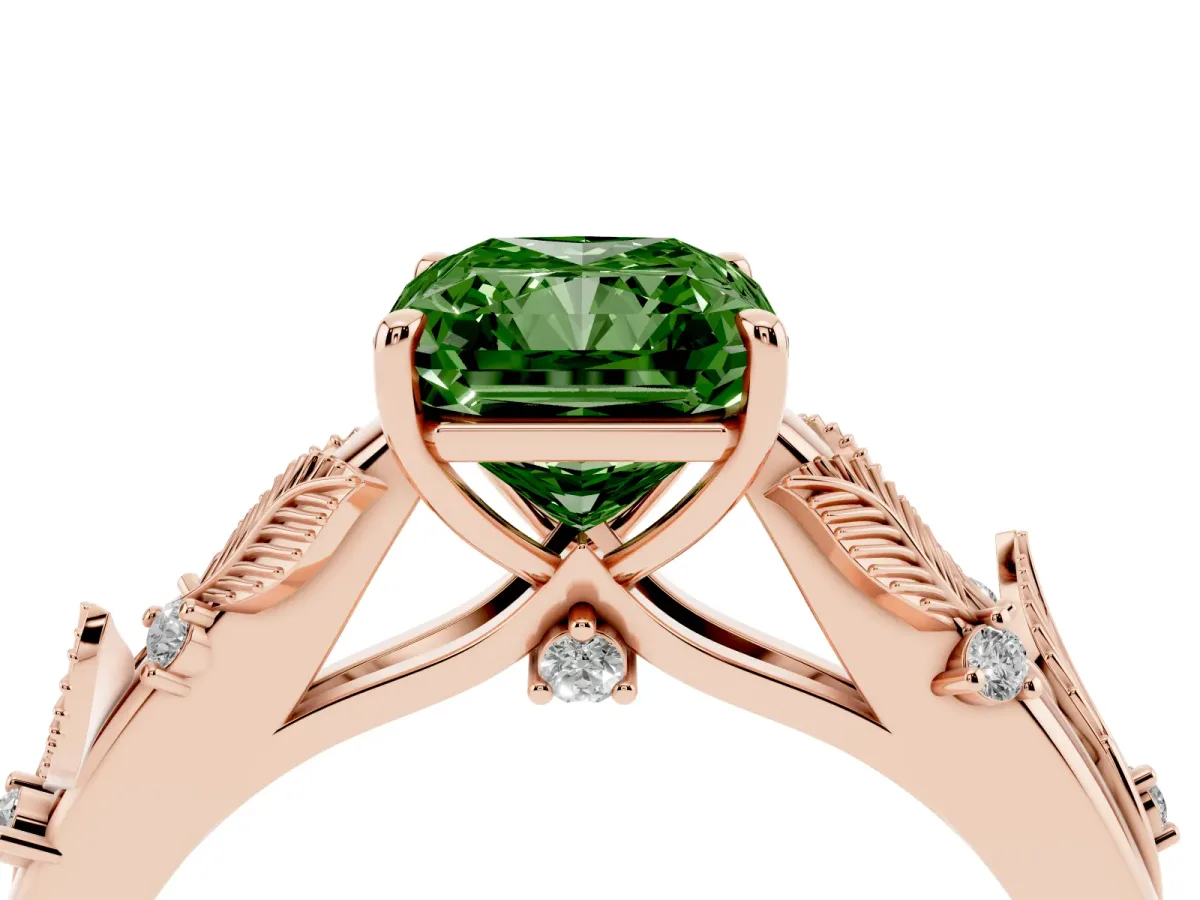 Fancy Green Radiant Cut Diamond Solitaire Ring with Leaf Motif Band and Four-Prong Setting Rose gold