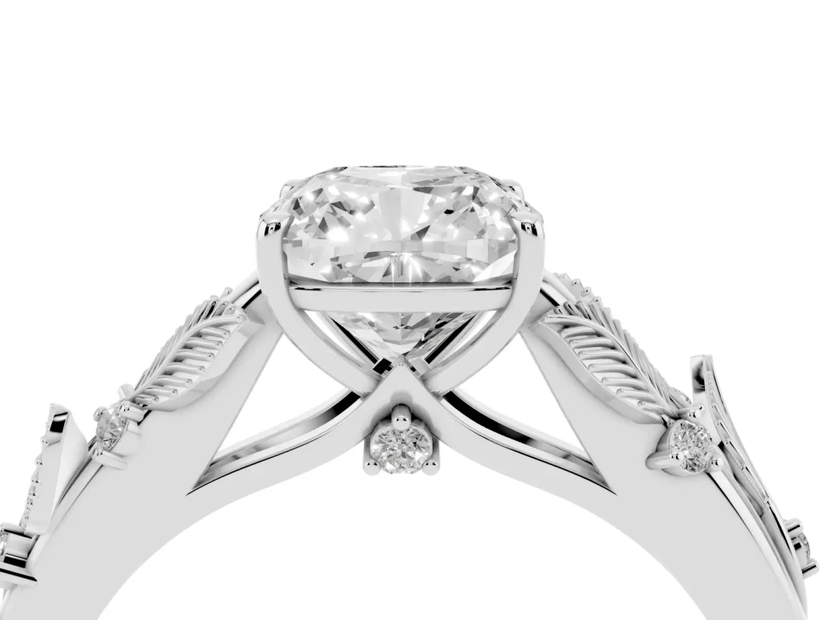 Cushion Cut Diamond Solitaire Ring with Leaf Motif Band and Four-Prong Setting Silver