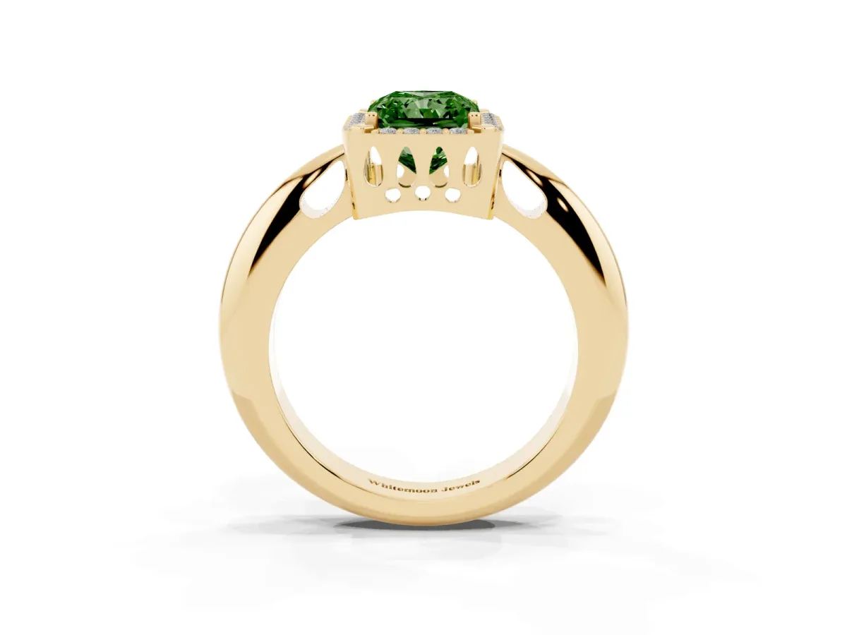 Fancy Green Radiant Cut Cut Diamond Halo Engagement Ring with Split Shank and Four-Prong Setting Yellow gold