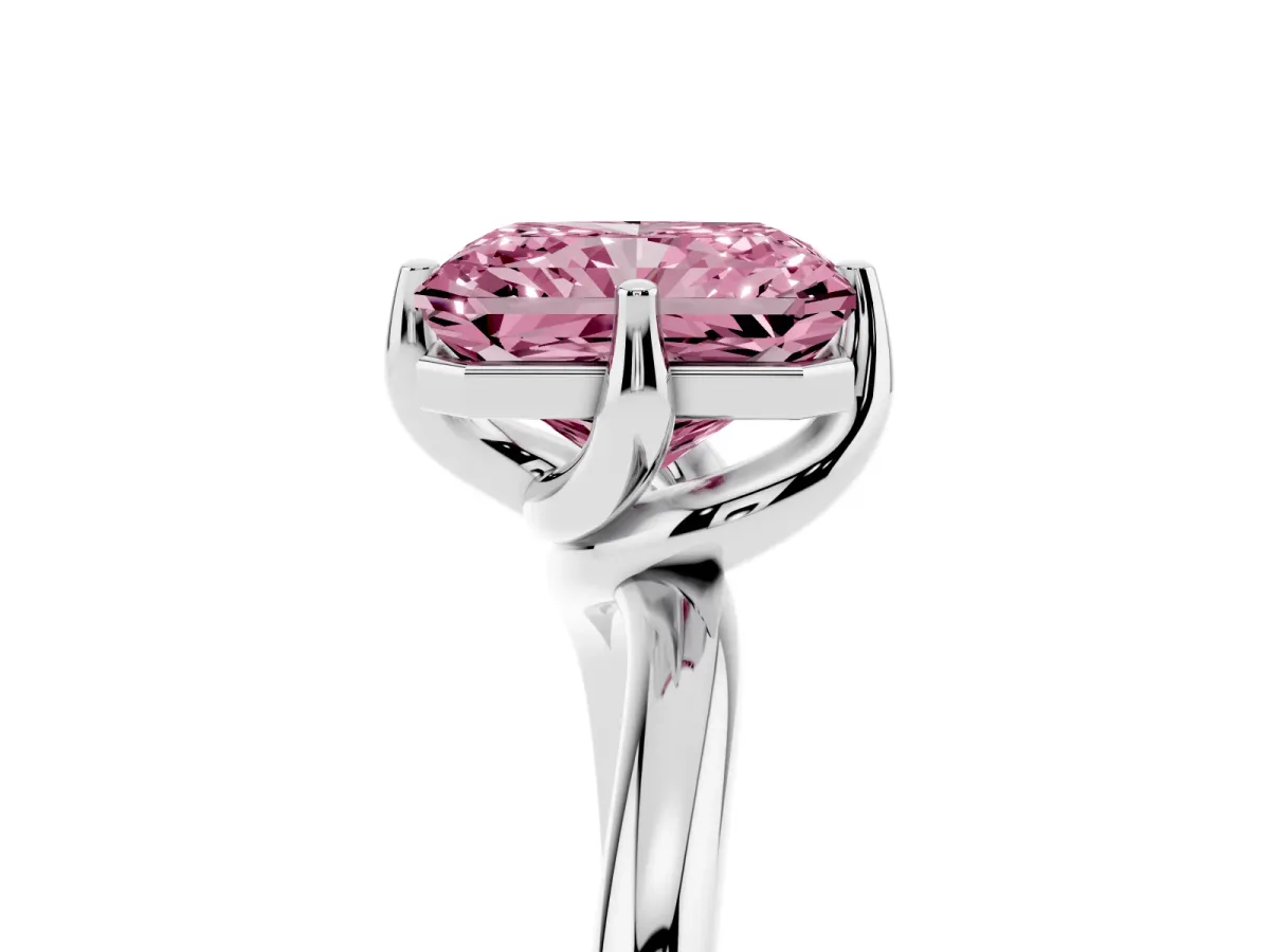 Fancy Pink Radiant Cut Diamond Solitaire Engagement Ring with Four-Prong Setting and Classic Band Silver