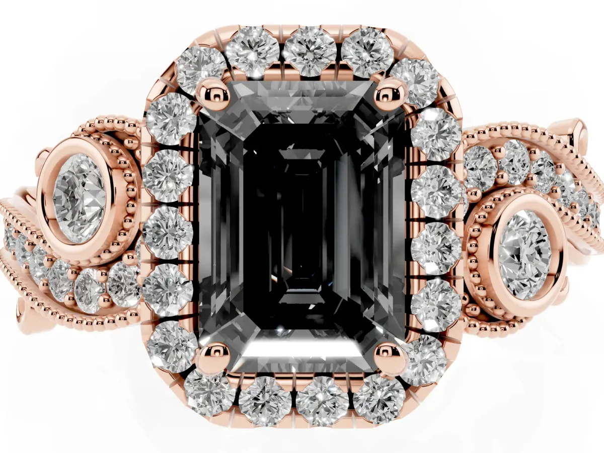 Fancy Black Emerald Cut Halo Diamond Ring with Milgrain and Bezel Accents on a Split Shank Band Rose gold