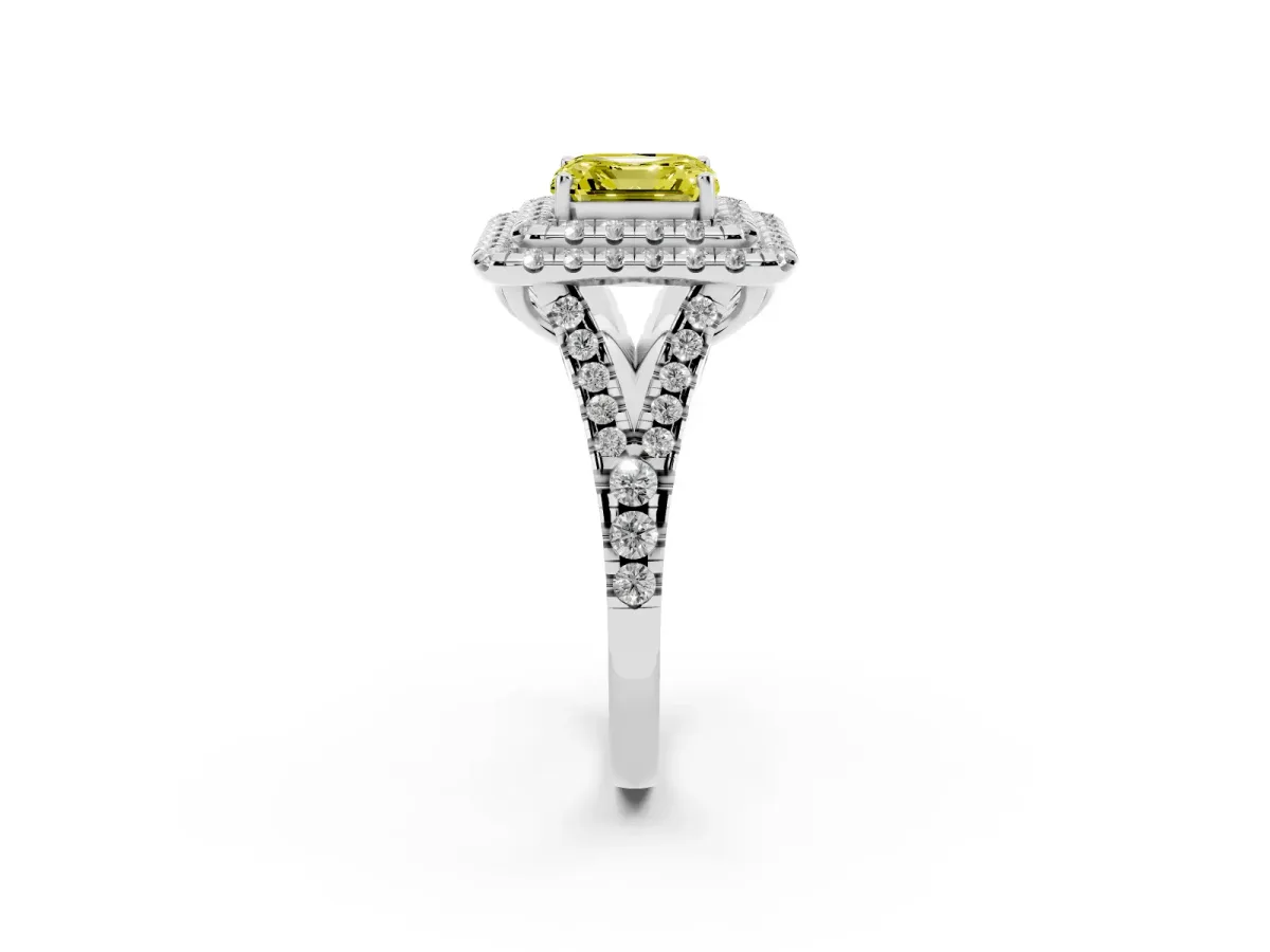 Fancy Yellow Double Halo Asscher Cut Diamond Pavé Split Shank Ring with Prong Setting Silver