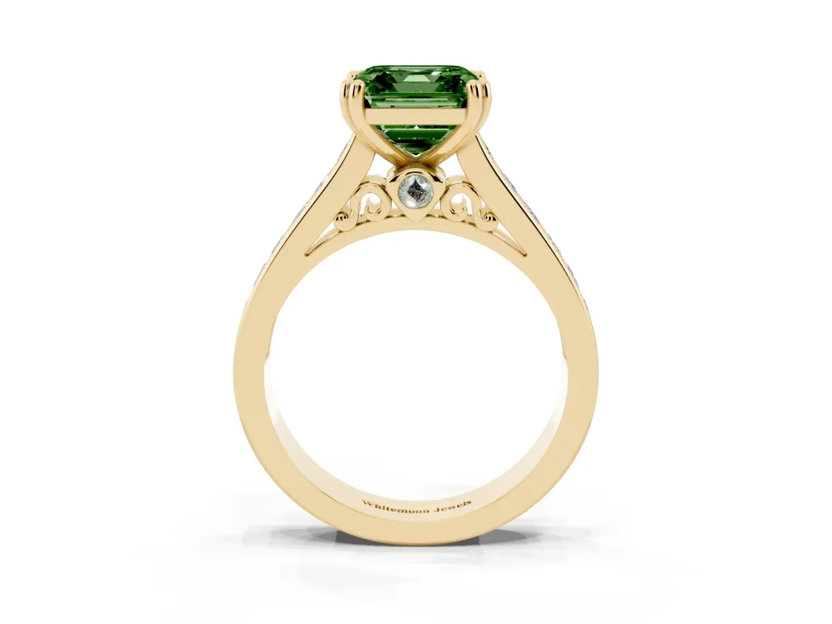 Fancy Green Asscher Cut Cut Channel Set Solitaire Engagement Ring with Prong Setting Yellow gold