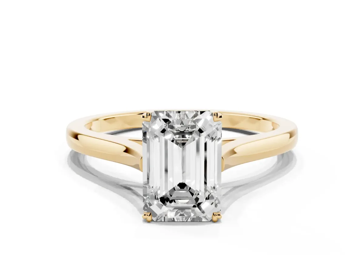 Emerald Cut Solitaire Heart Prong Engagement Ring with Tapered Band Yellow gold