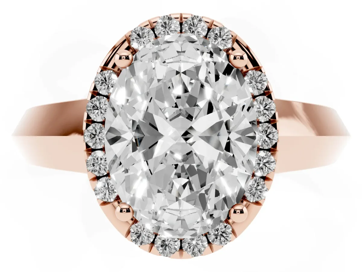 Oval Cut Halo Diamond Ring with Cathedral Band and Four-Prong Setting Rose gold