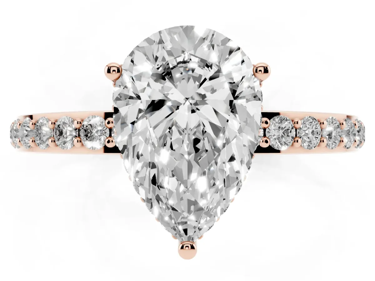 Pear Cut Diamond Solitaire Ring with Pavé Band and Hidden Halo Rose gold
