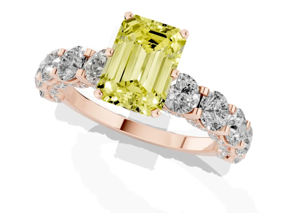 Fancy Yellow Emerald Cut Diamond Side Stone Engagement Ring with Four-Prong Setting Rose gold