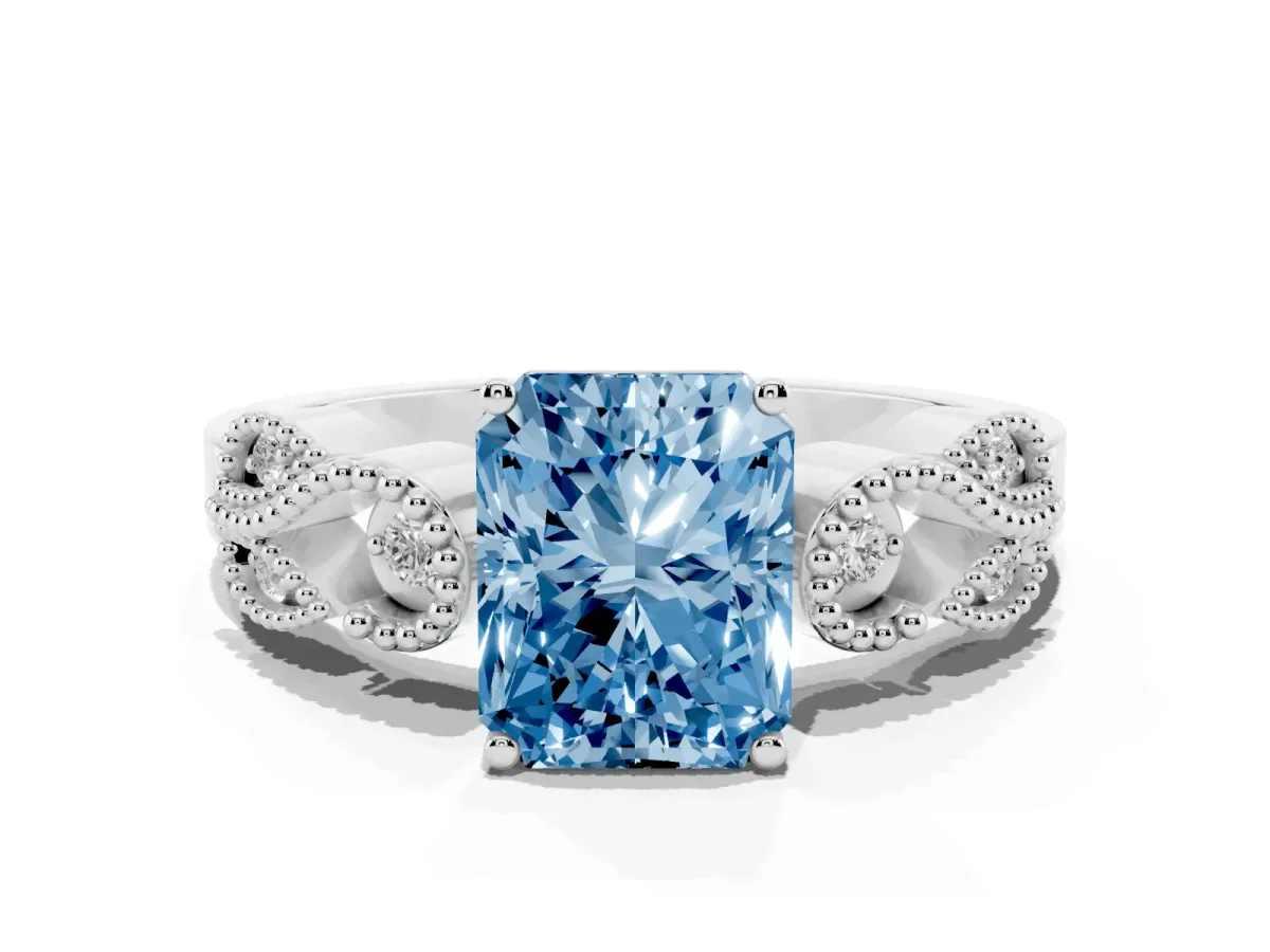 Fancy Blue Radiant Cut Solitaire Milgrain Leaf Band with Prong Setting White gold