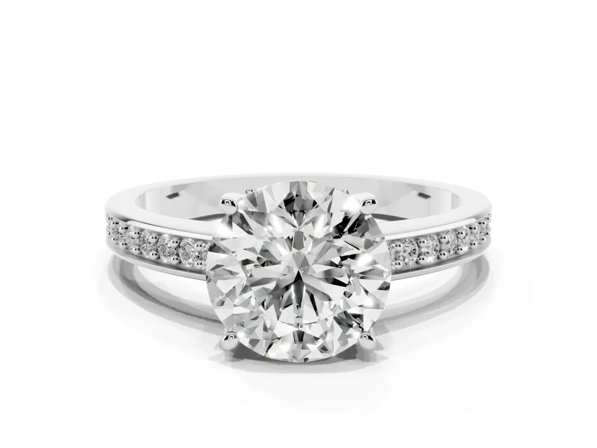 Round Cut Solitaire Pavé Band Prong Setting Ring Silver