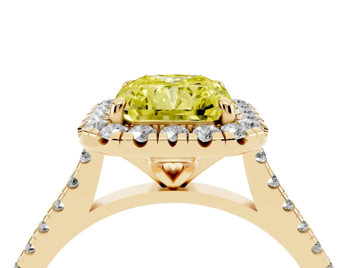 Fancy Yellow Radiant Cut Diamond Cushion Halo Ring with Pavé Band Yellow gold