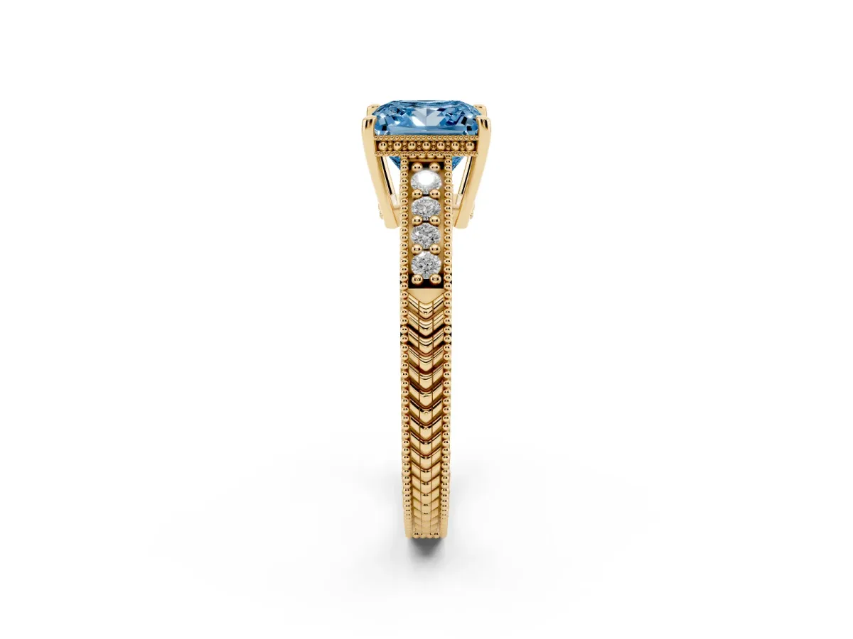 Fancy Blue Princess Cut Solitaire Pavé Diamond Milgrain Engagement Ring with Four-Prong Setting Yellow gold