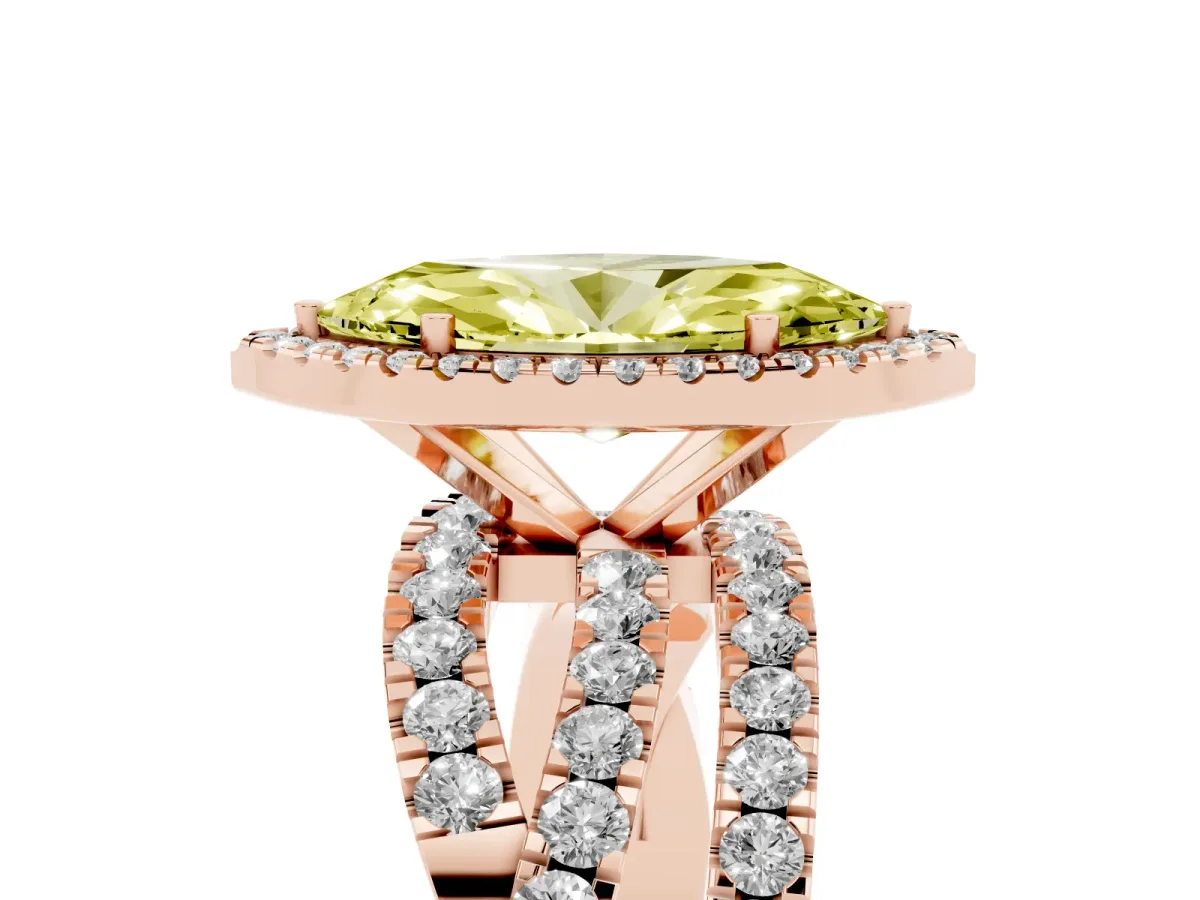 Fancy Yellow Marquise Cut Diamond Halo Ring with Round Split Shank and Prong Setting Rose gold