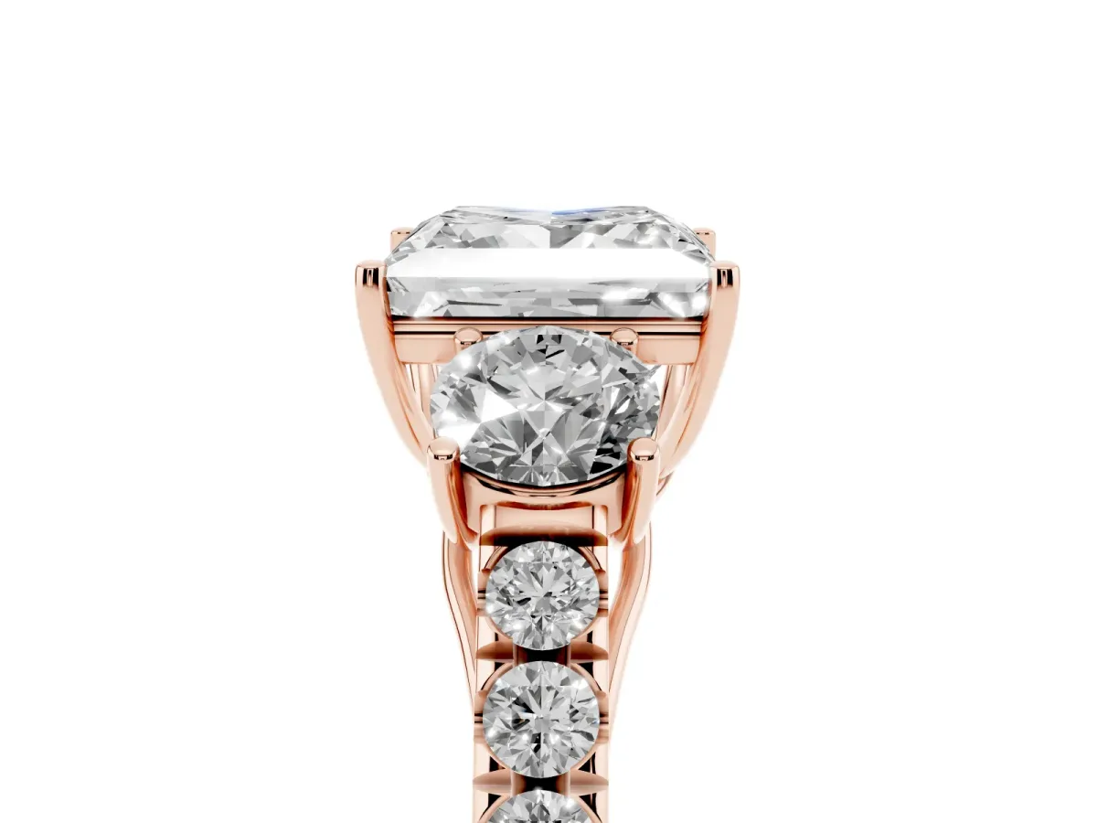 Princess Cut Cut Diamond Three-Stone Ring with Round Side Stones and Pavé Band Rose gold