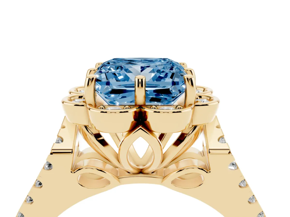 Fancy Blue Princess Cut Halo Diamond Floral Split Shank Engagement Ring Yellow gold