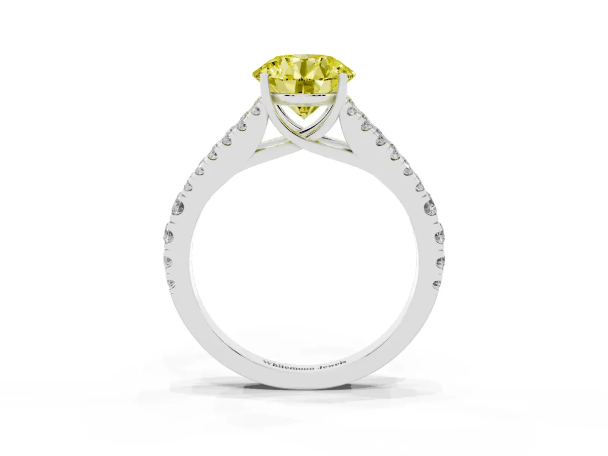 Fancy Yellow Round Cut Diamond Split Shank Engagement Ring with Round Pavé and Prong Setting Platinum