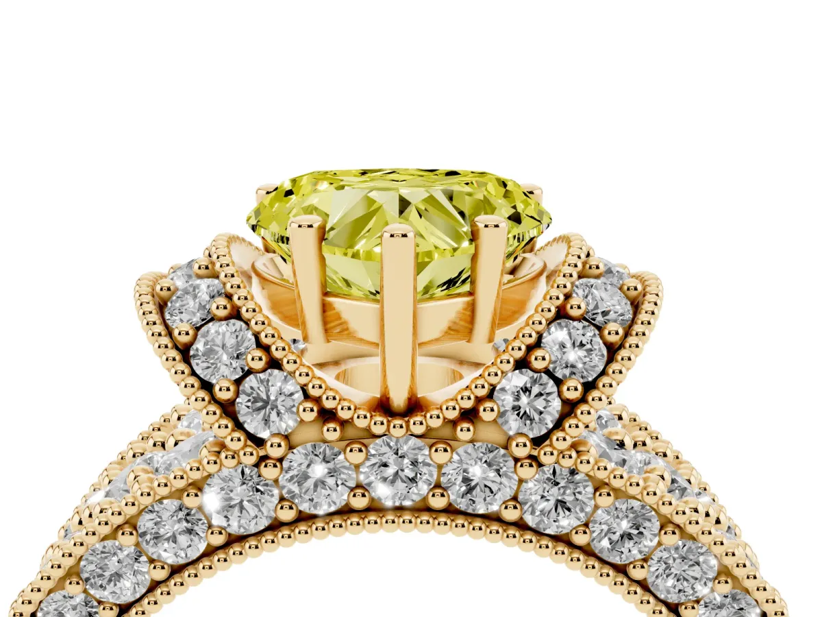 Fancy Yellow Heart Cut Halo Pave Diamond Engagement Ring with Milgrain Detailing Yellow gold