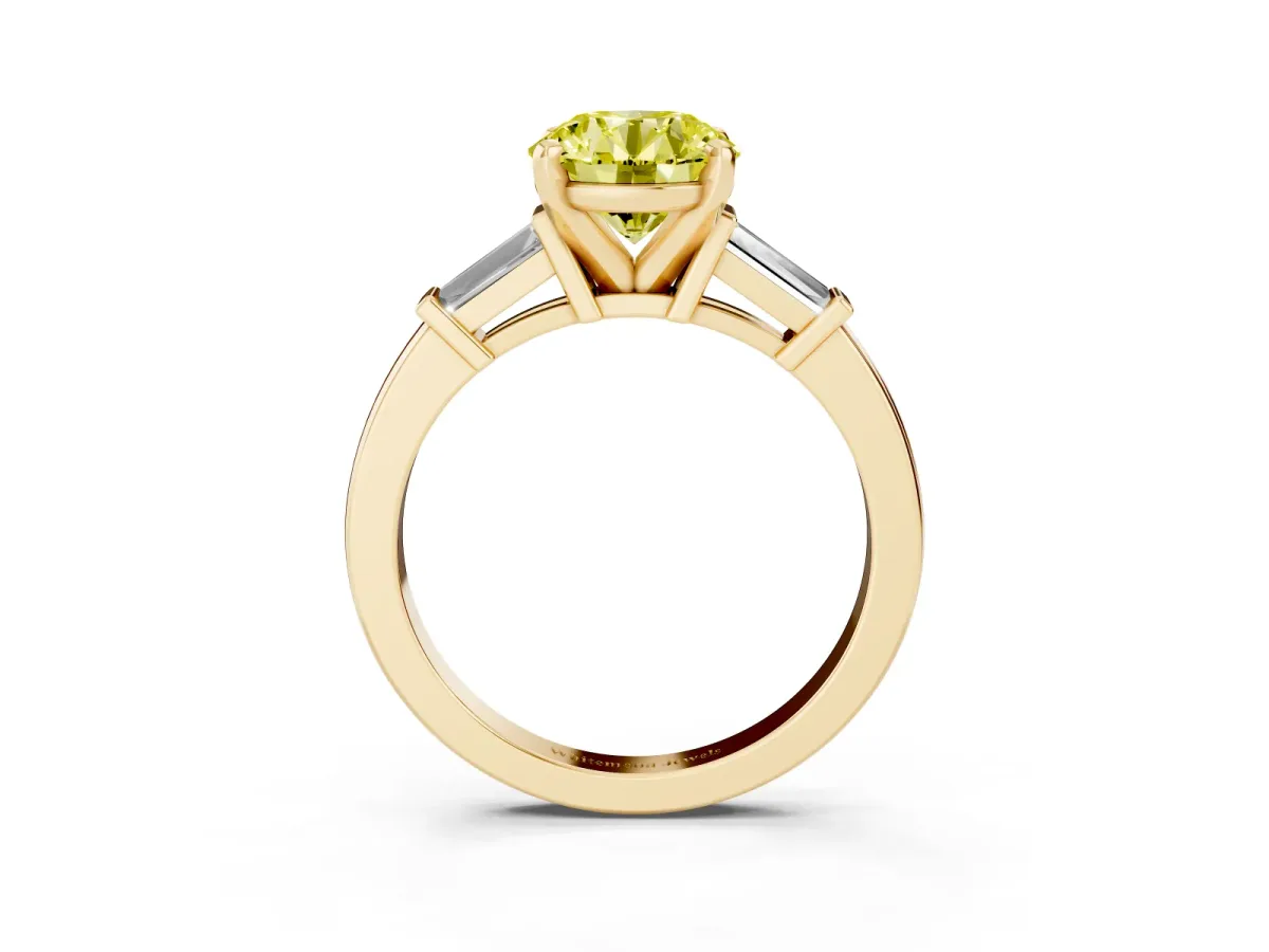 Fancy Yellow Round Cut Cut Diamond Solitaire Ring with Tapered Baguette Accents and Four-Prong Setting Yellow gold