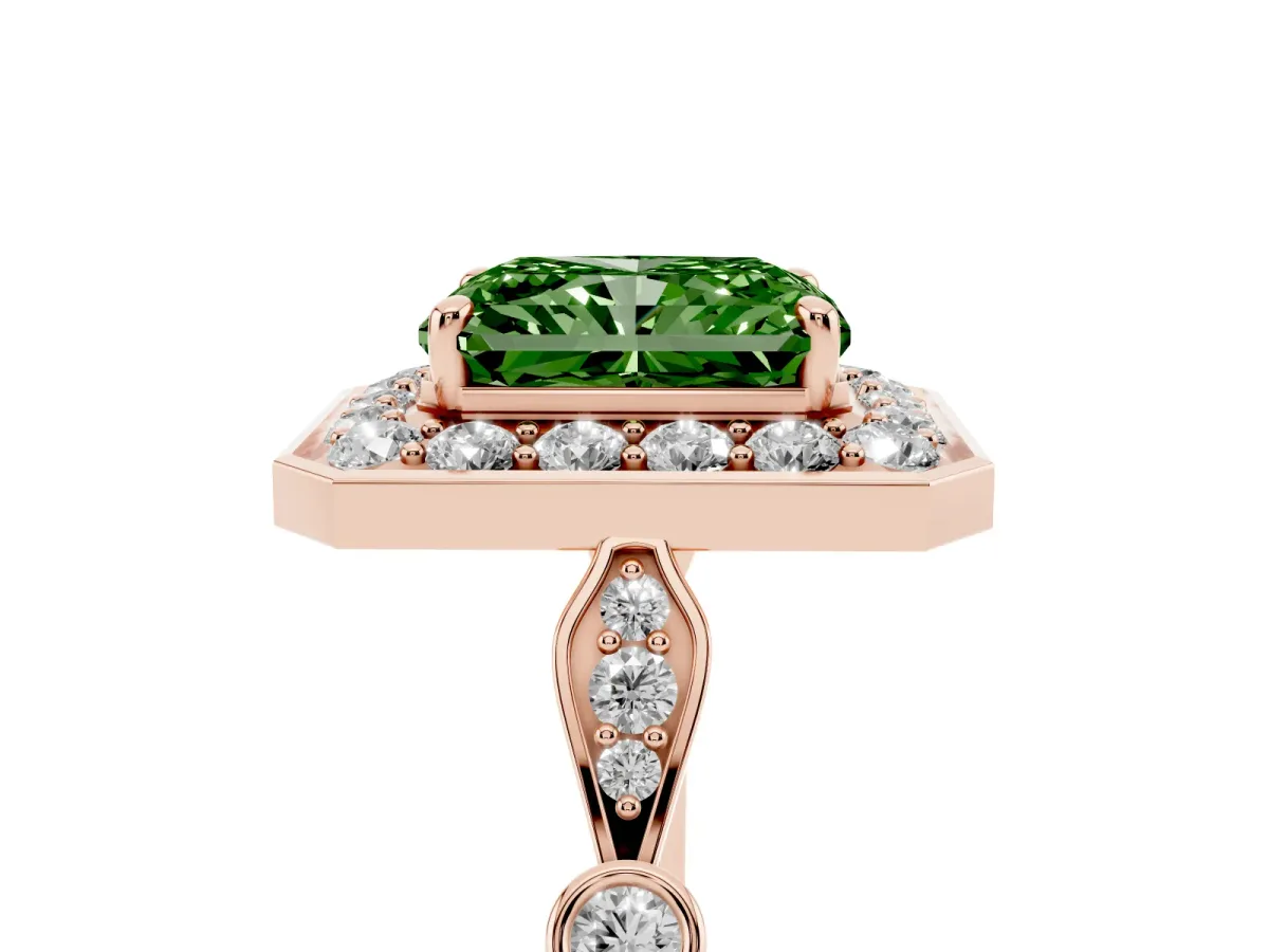 Fancy Green Radiant Cut Halo Diamond Engagement Ring with Twisted Band and Four-Prong Setting Rose gold