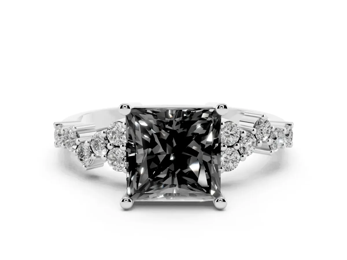 Fancy Black Princess Cut Diamond Scattered Round Accent Ring with Prong Setting Silver