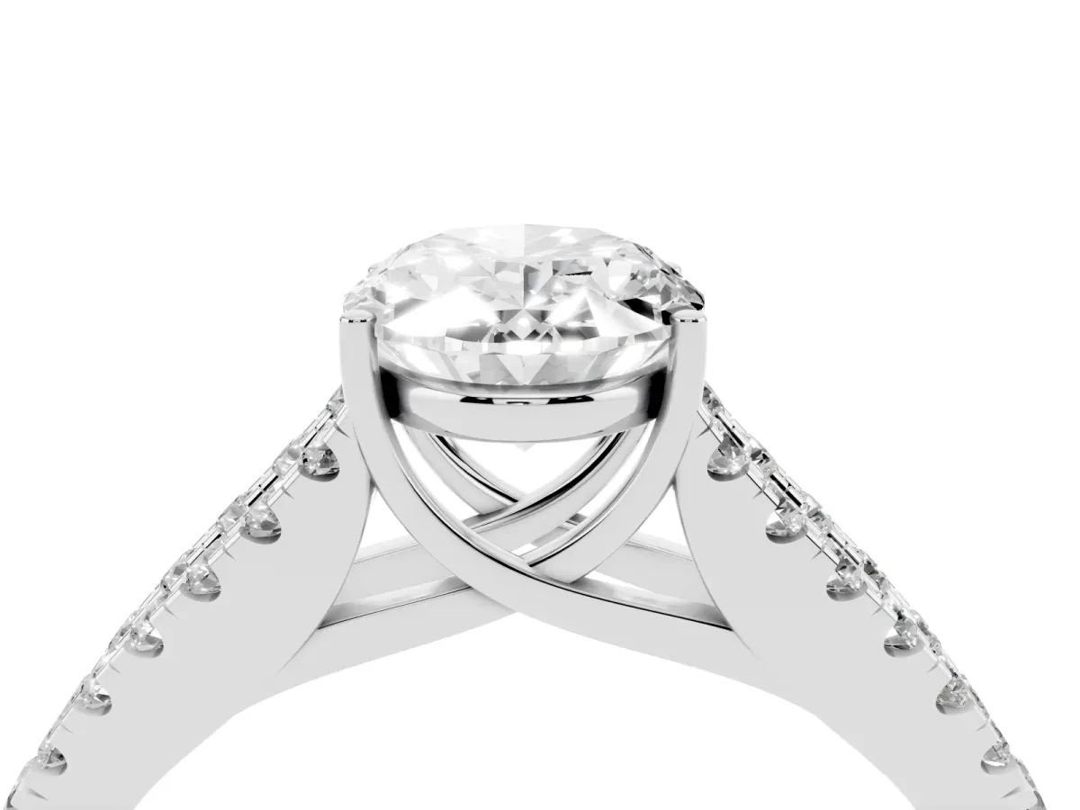 Oval Cut Diamond Split Shank Engagement Ring with Round Pavé and Prong Setting Platinum