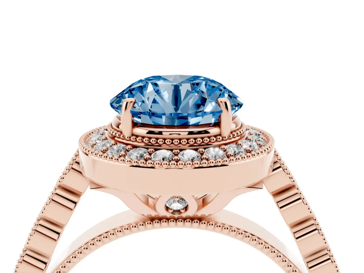 Fancy Blue Round Cut Halo Milgrain Solitaire with Bezel Set Side Stones and Pave Band Rose gold