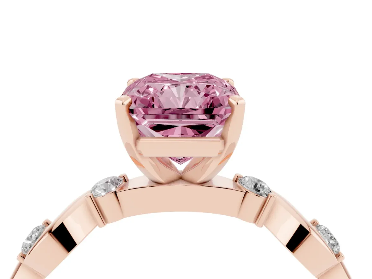 Fancy Pink Radiant Cut Diamond Solitaire Twisted Band with Round Accents and Prong Setting Rose gold