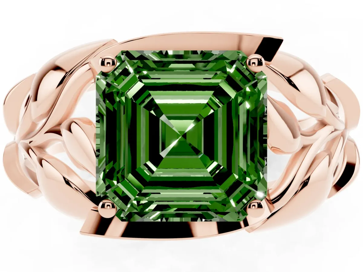 Fancy Green Asscher Cut Diamond Leaf-Inspired Engagement Ring with Round Accents and Prong Setting Rose gold