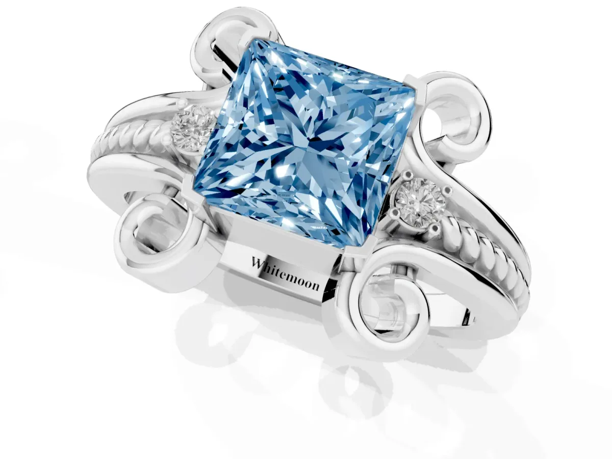 Fancy Blue Princess Cut Solitaire Twisted Band Scroll Prong Ring Silver