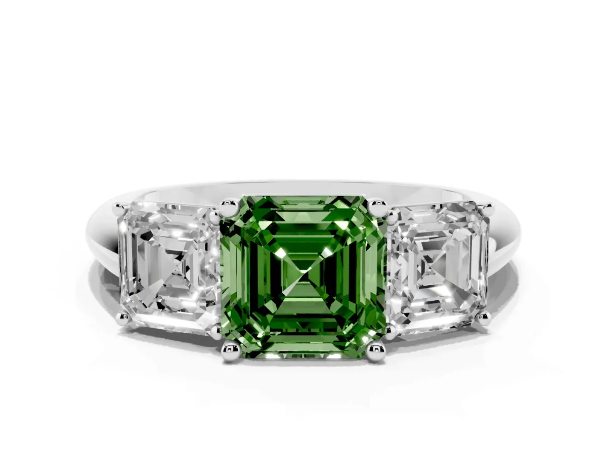 Fancy Green Three-Stone Asscher Cut Cut Diamond Engagement Ring with Prong Setting on a White Gold Band White gold