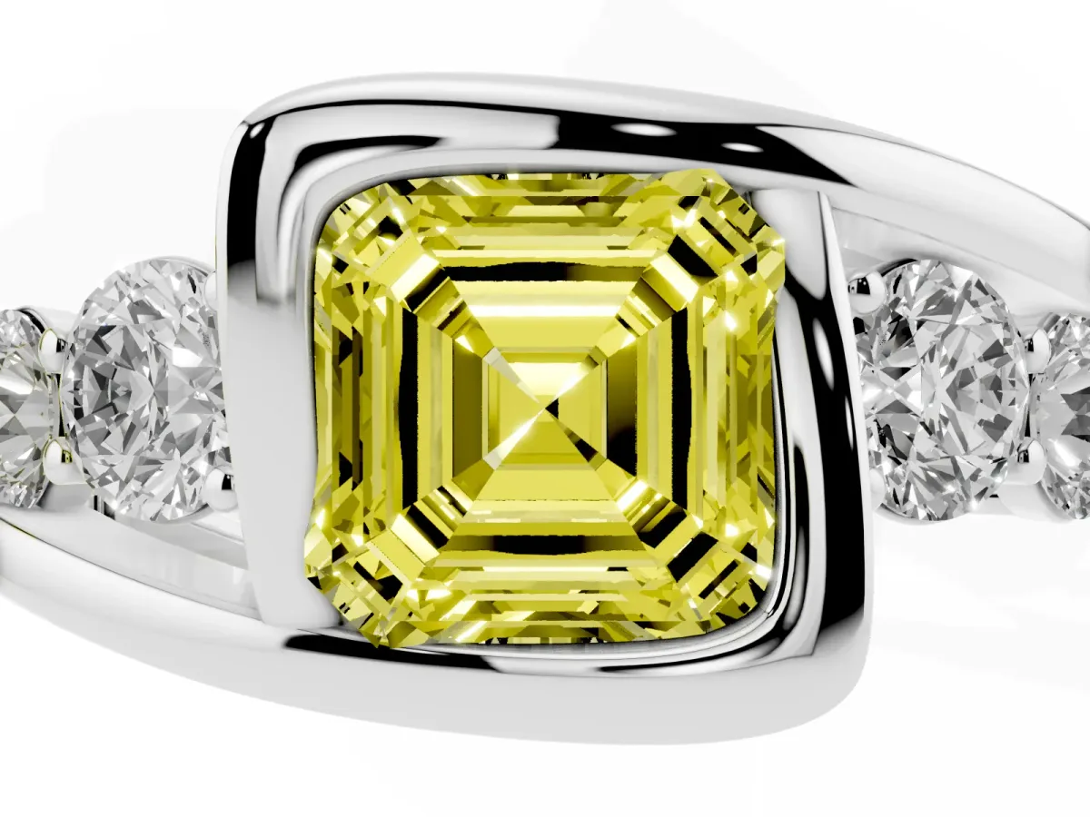 Fancy Yellow Bezel Set Asscher Cut Diamond Bypass Ring with Round Accents Platinum