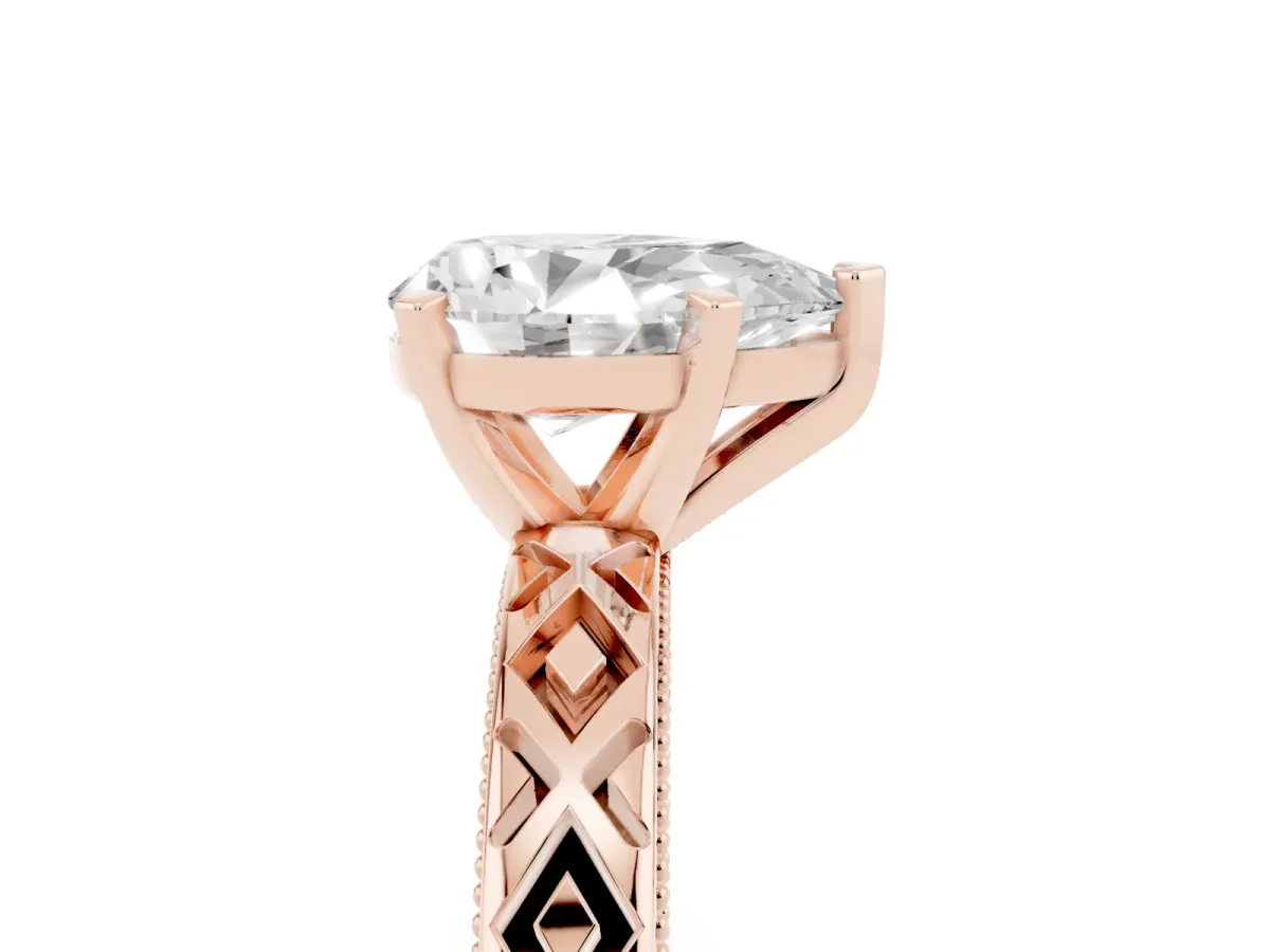 Pear Cut Solitaire Diamond Ring with Milgrain and Black Enamel X Pattern Band Rose gold