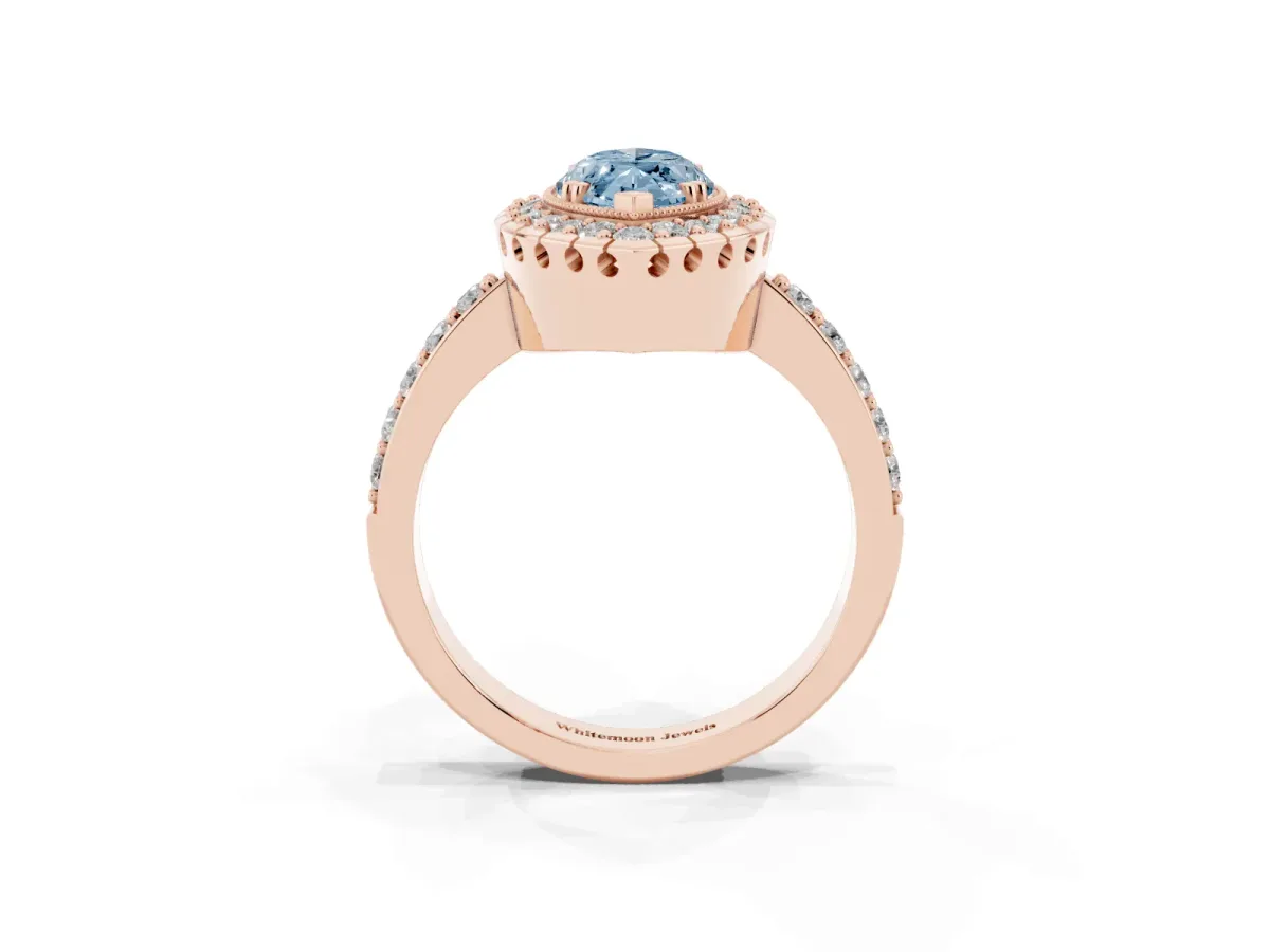 Fancy Blue Marquise Cut Diamond Halo Ring with Pavé Band and Prong Setting Rose gold