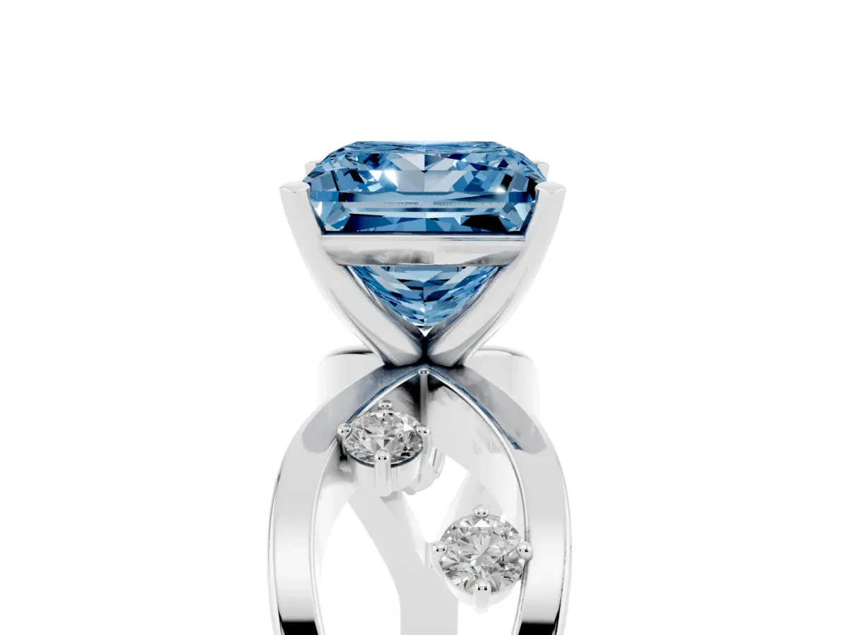 Fancy Blue Princess Cut Cut Solitaire Diamond with Side Stones on Criss-Cross Band and Four-Prong Setting White gold