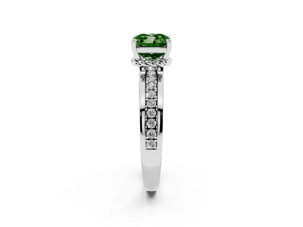Fancy Green Cushion Cut Solitaire Diamond Ring with Channel Set Band and Six-Prong Setting Silver