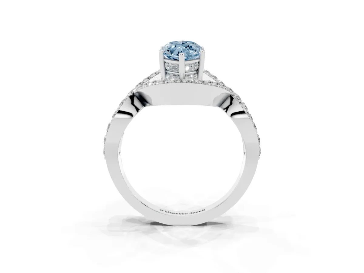 Fancy Blue Marquise Cut Solitaire Twist Band Pavé Diamond Engagement Ring White gold