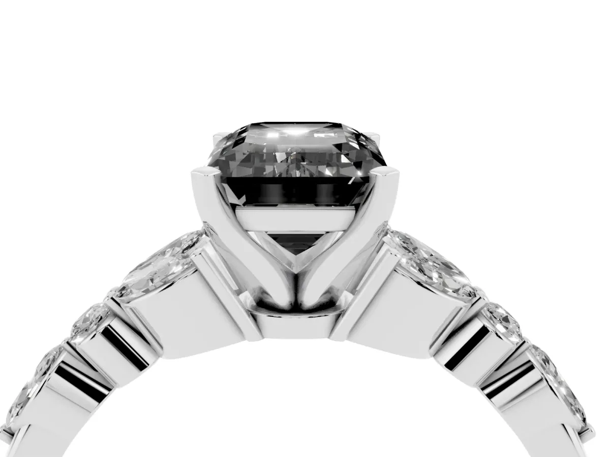 Fancy Black Emerald Cut Diamond Solitaire Ring with Side Stones and Four-Prong Setting Platinum