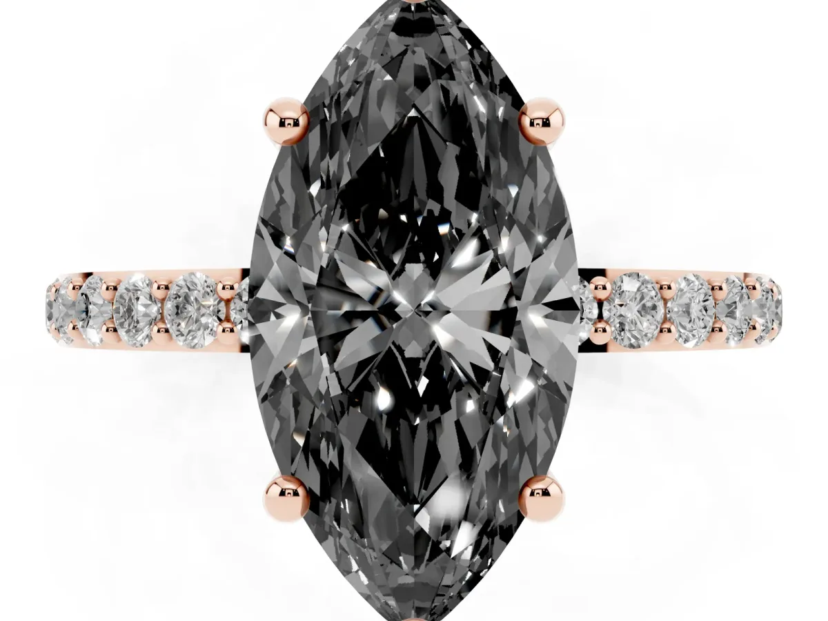 Fancy Black Marquise Cut Diamond Solitaire Ring with Round Pavé Band and Prong Setting Rose gold