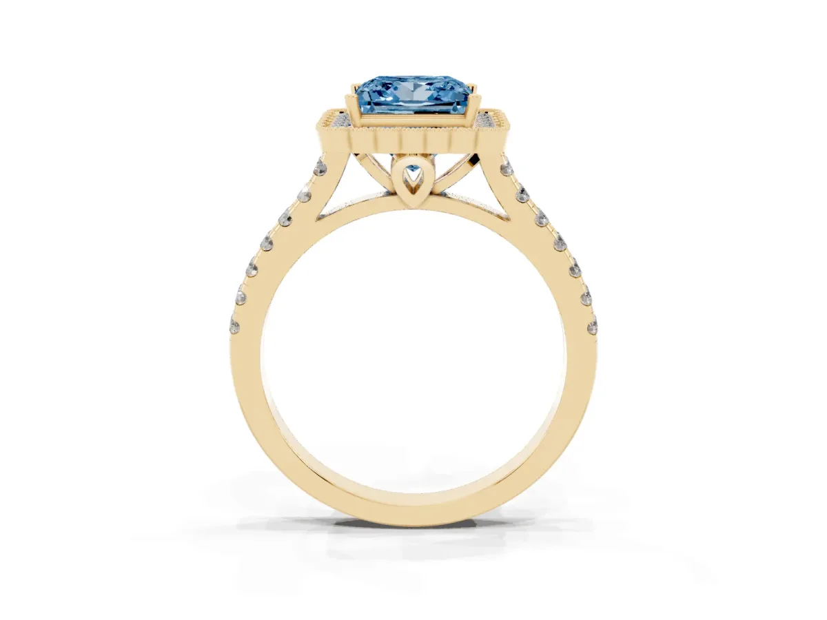 Fancy Blue Princess Cut Cut Diamond Milgrain Floral Halo Engagement Ring with Pavé Band Yellow gold