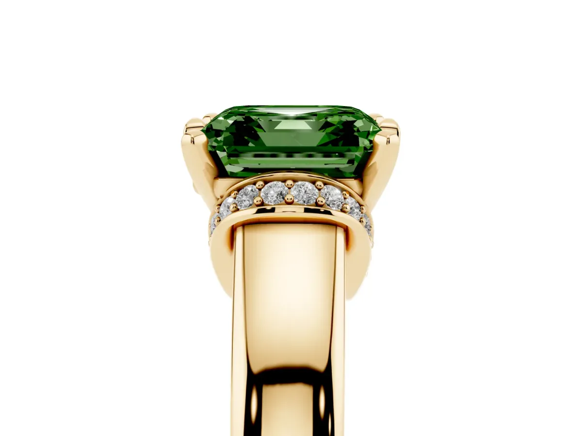 Fancy Green Asscher Cut Solitaire Diamond Ring with Pave Band and Six-Prong Setting Yellow gold