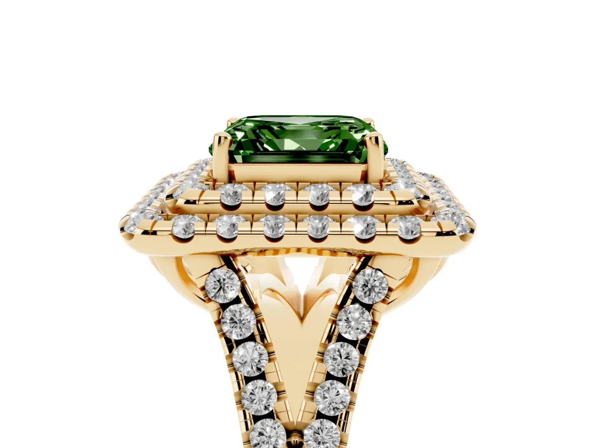 Fancy Green Double Halo Asscher Cut Diamond Pavé Split Shank Ring with Prong Setting Yellow gold