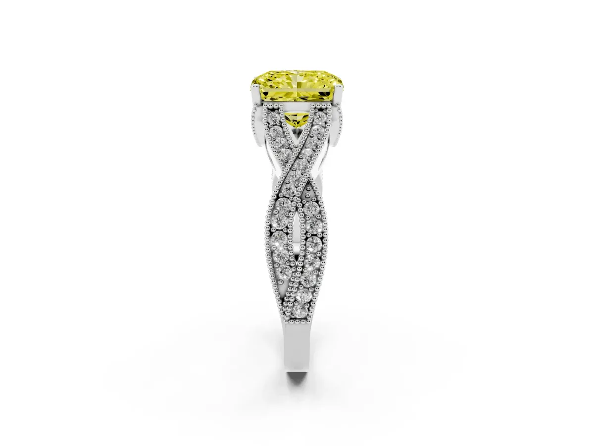 Fancy Yellow Radiant Cut Cut Diamond Twisted Band with Milgrain Pave Setting and Four-Prong Setting White gold