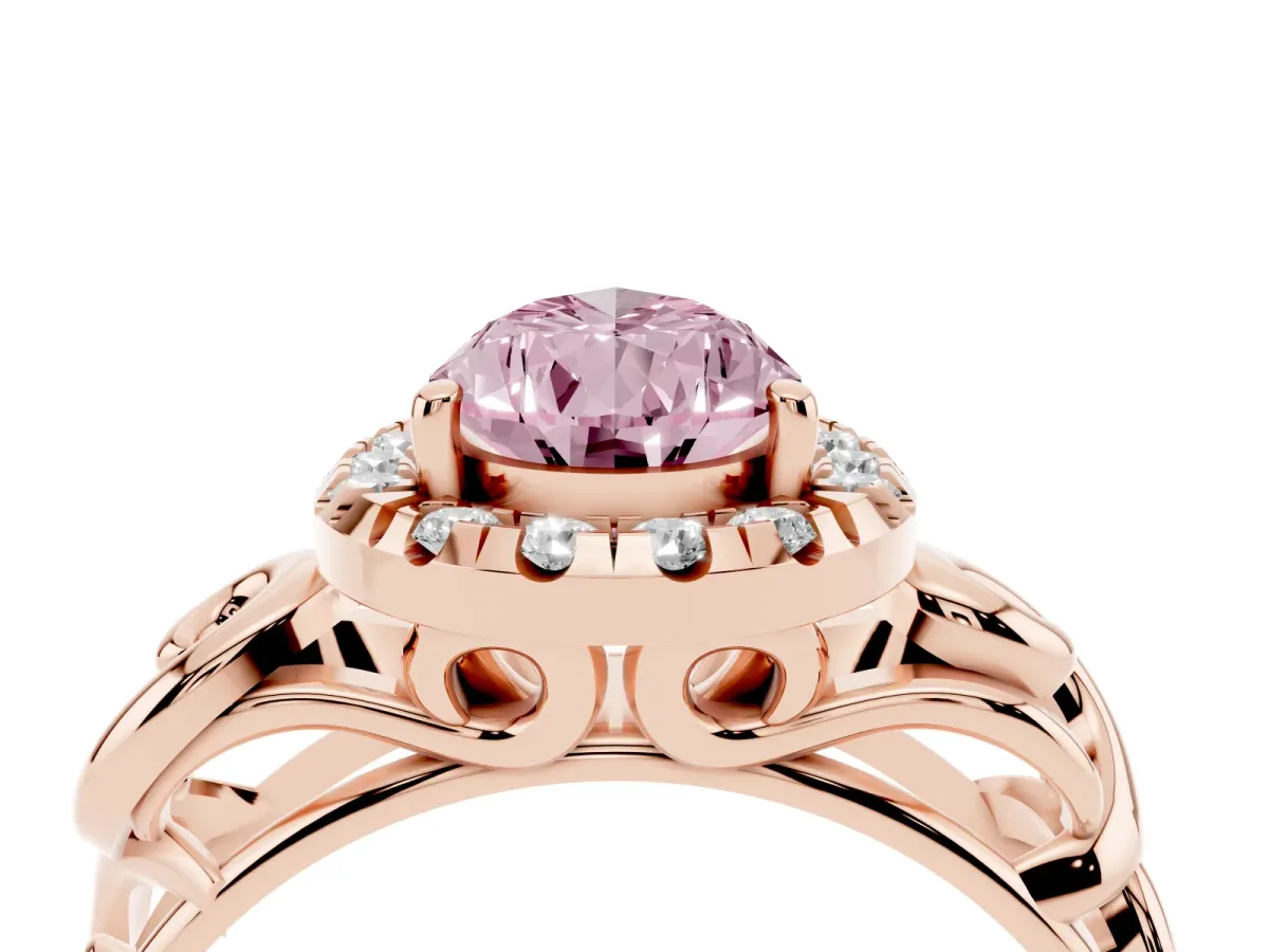 Fancy Pink Pear Cut Cut Halo Diamond Ring with Scrollwork Band and Four-Prong Setting Rose gold