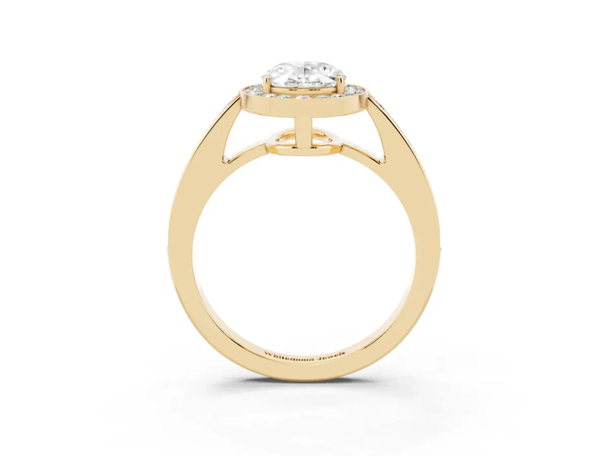 Oval Cut Halo Pavé Diamond Engagement Ring with Bezel Setting Yellow gold