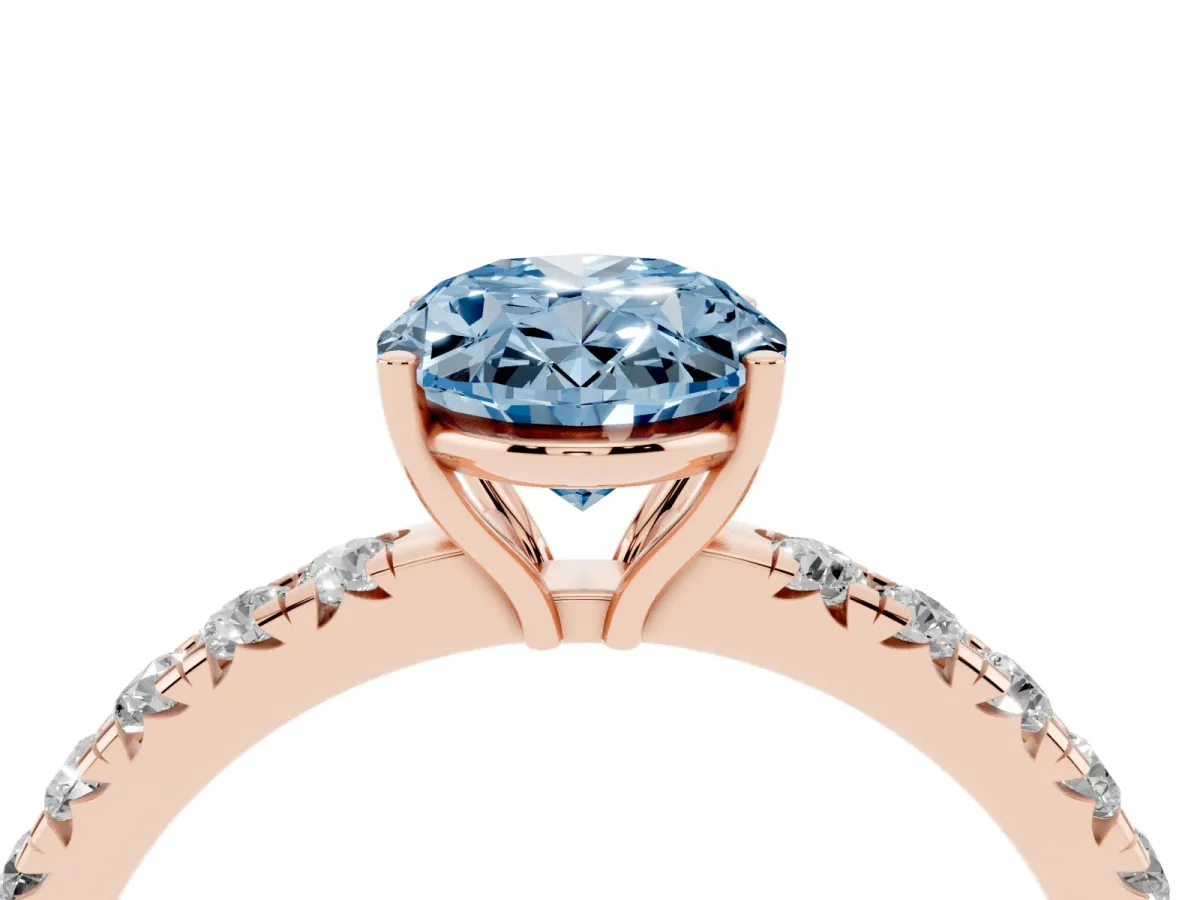 Fancy Blue Oval Cut Diamond Pavé Solitaire Engagement Ring with Four-Prong Setting Rose gold