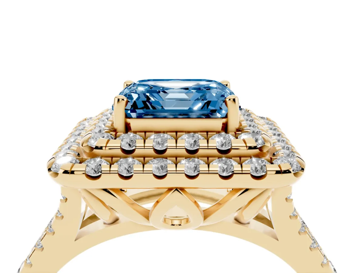 Fancy Blue Double Halo Asscher Cut Diamond Pavé Split Shank Ring with Prong Setting Yellow gold