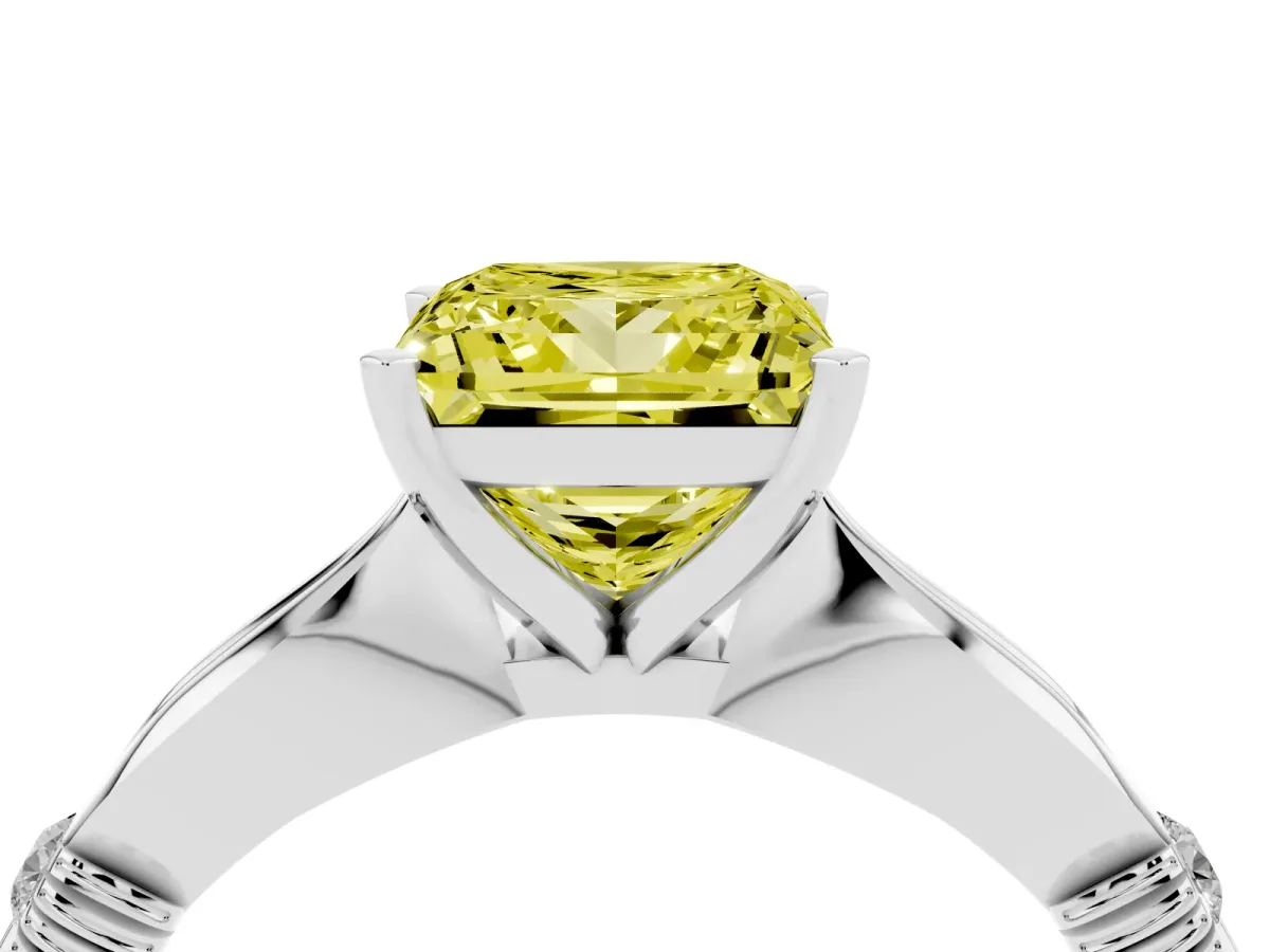 Fancy Yellow Princess Cut Solitaire Diamond Twisted Band with Four-Prong Setting Platinum