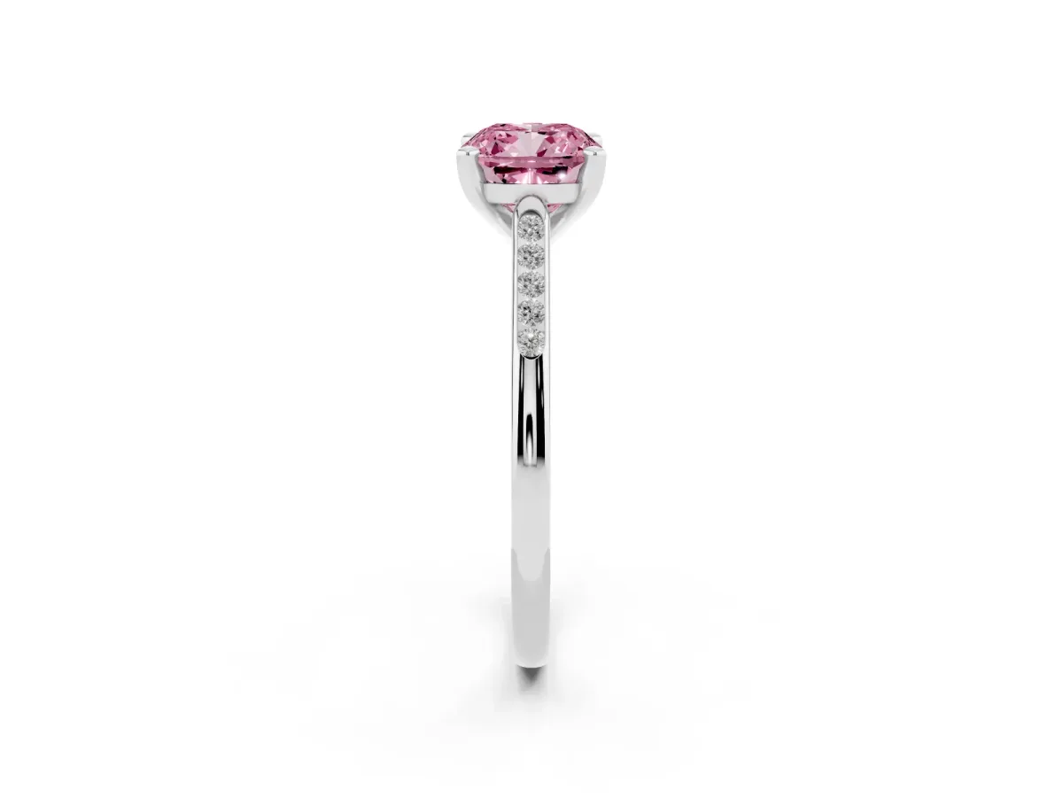 Fancy Pink Cushion Cut Diamond Solitaire Ring with Channel Set Round Band and Prong Setting Silver